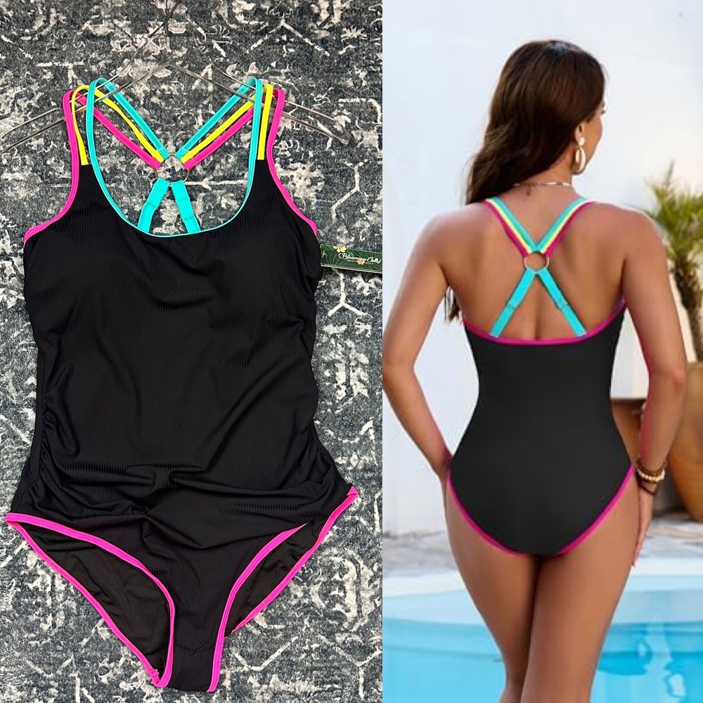 Blooming Jelly Tummy Control Bathing Suit Scoop Neck Black & Neon NWT Size XL